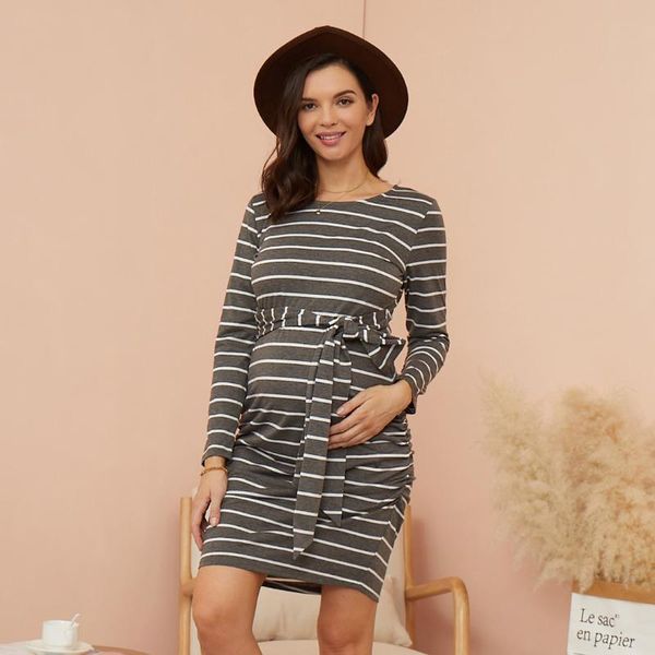 

patpat 2021 arrivalmaternity round collar stripes plain dark grey short h long-sleeve dress maternity dresses, White