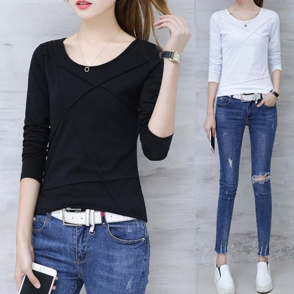 

women's t-shirt women long sleeves basic o-neck slim casual tee -opk, White