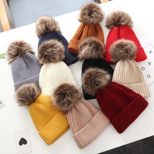 

autumn winter baby kids hat wool ball knitted skull cap boys girls warm beanie children hats, Yellow