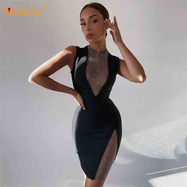 Sexy Black Malha Diamante Bandage Dress Mulheres Sem Mangas Bodycon Club Noite Party Vestidos Verão 210527