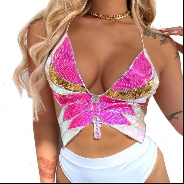 

sequin butterfly print womens tank camisoles summer crop short halter sleeveless backless vintage lace up, White
