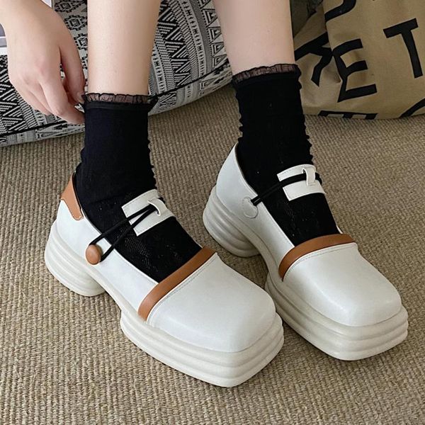 

dress shoes women pumps japanese-style black student fashion leather cute square head buckle design thick bottom ladies