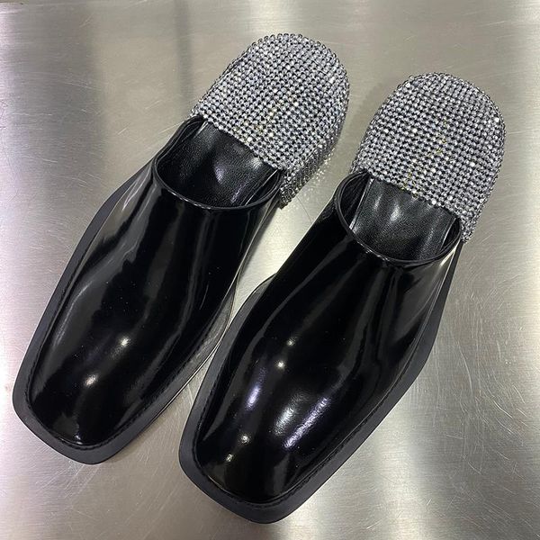

design slippers women 2021 black zapatos de mujer square toe crystal decor summer shoes woman mules slip on ladies slides
