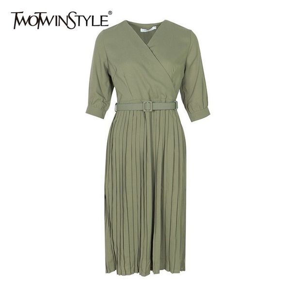 

summer solid knee length dress for women v neck half sleeve high waist pleated dresses female fashion 210520, Black;gray