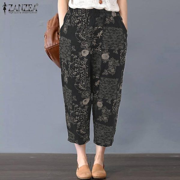 

women's pants & capris 2021 summer loose turnip zanzea women floral printed trousers vintage elastic waist cotton linen pantalon female, Black;white