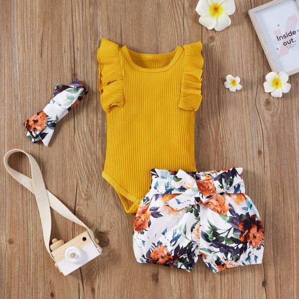 

3pcs summer cute baby girls clothes solid color sleeveless ruffle romper bodysuit+floral print shorts and headband outfits set#e clothing se, White