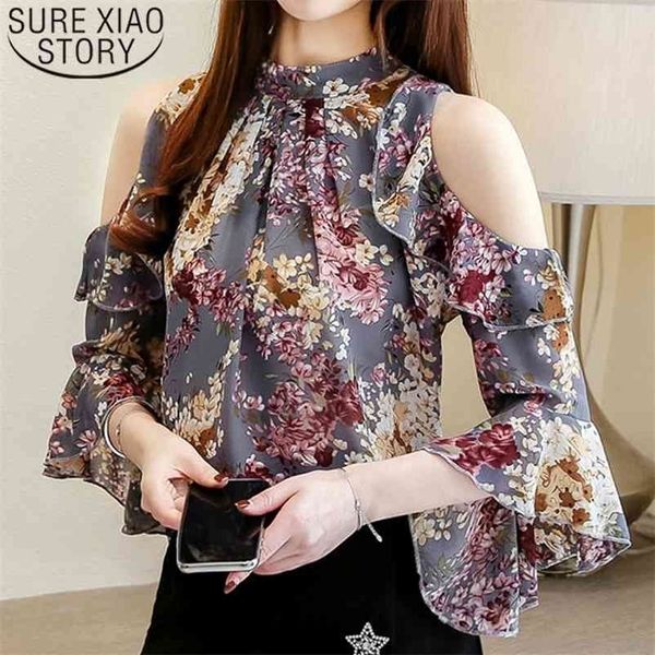 

fashion elegant floral womens blouses and short sleeve butterfly o-neck women clothing female 5388 50 210510, White