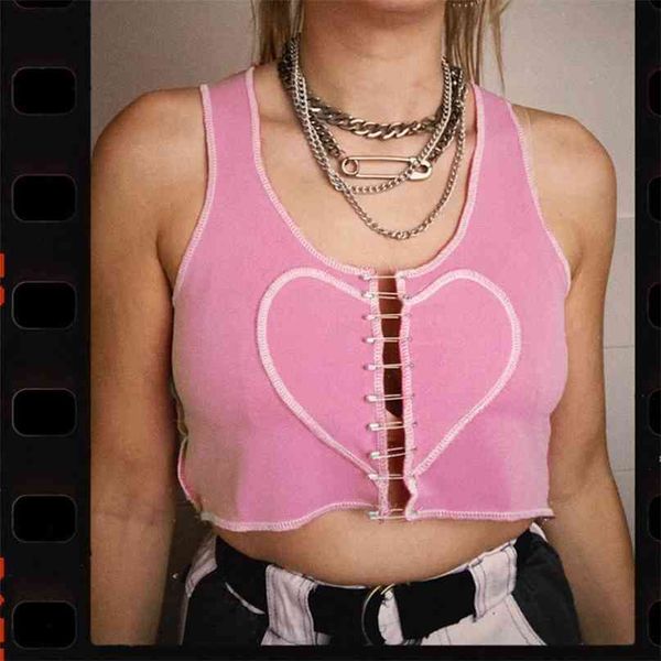 

aesthetics pink stitch heart sleeveless tank e-girl summer o-neck hollow out clips crop streetwear punk 210607, White