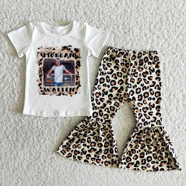 

toddler girl spring short sleeve outifts kids letters printed cows leopard bells set, White