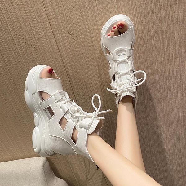 

sandals roman style summer college thick bottom hollow zipper retro simple solid color ladies large size., Black