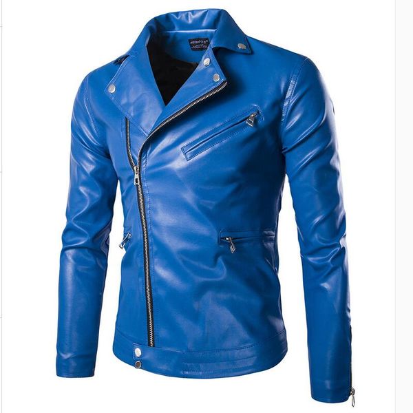 

men slim blue motorcycle leather jackets punk style autumn male oblique zipper leather & suede coats size 5xl, Black