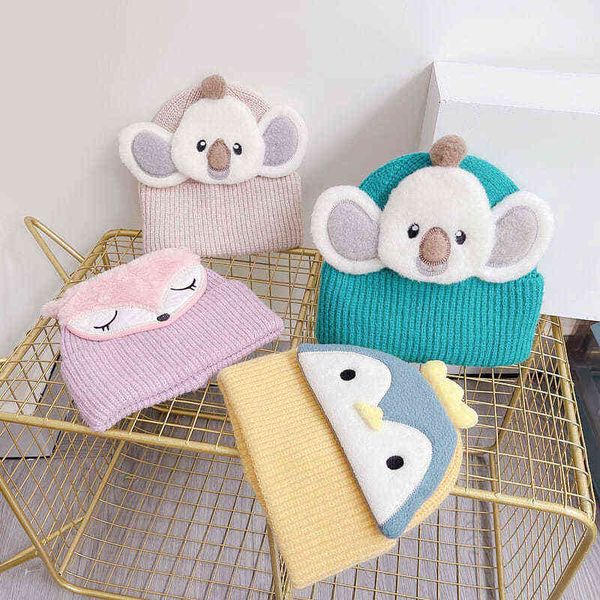 

winter autumn lovely cartoon animal pattern baby knitted hats covering yarn soft warm baby hats kids girls boys beanies caps y21111, Blue;gray