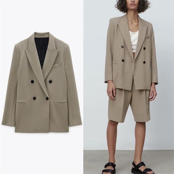 

double breasted shoulder pads blazer women vintage long sleeve office blazers coat woman patch pockets outerwear 210524, White;black