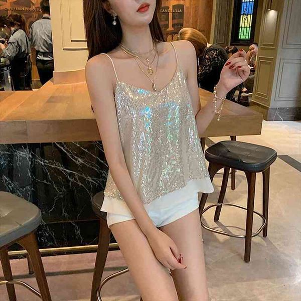 

glittering knitted tank women camisole vest gold thread vest sequined stretchable slim, White