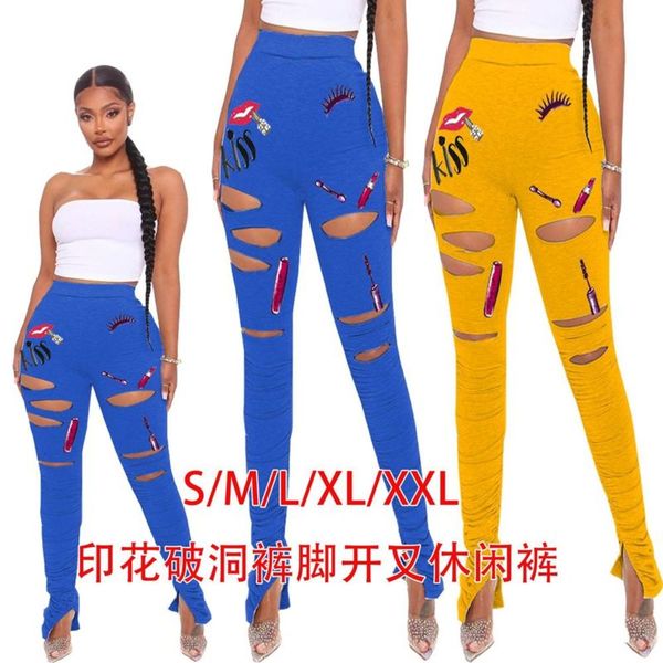 

jm007 women's solid lipstick lip print fold split micro trumpet hole fashion pants, Black;white