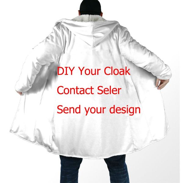 

men's wool & blends diy custom print hooded coat oat duffle overcoat thick warm cloak for men windproof fleece women, Black