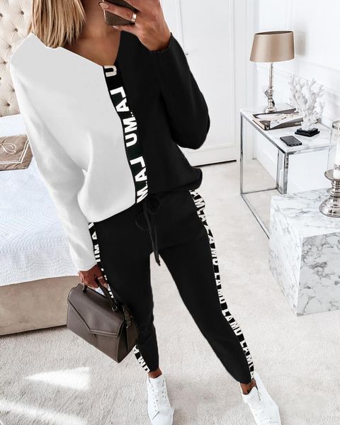 

women's two piece pants women casual loose long sleeve 2 set elegant v-neck patchwork and pencil suits ladies spring autumn sportswear, White