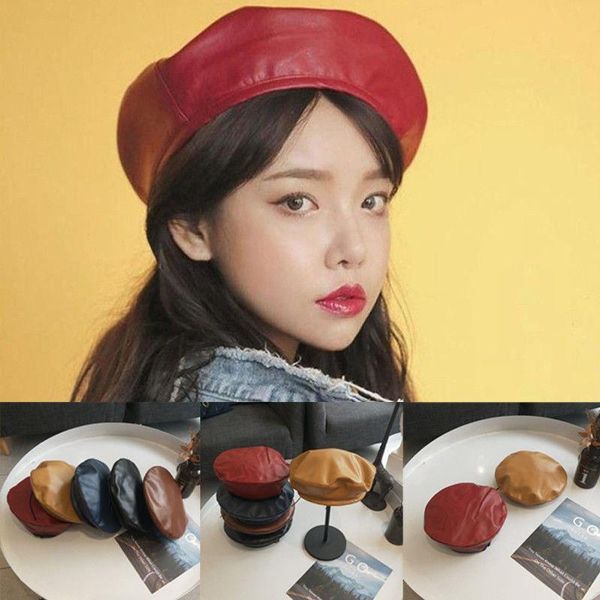 

berets imcute french style beret cap fashion women casual pu leather hat for autumn winter solid warm retro beanie caps y2k, Blue;gray