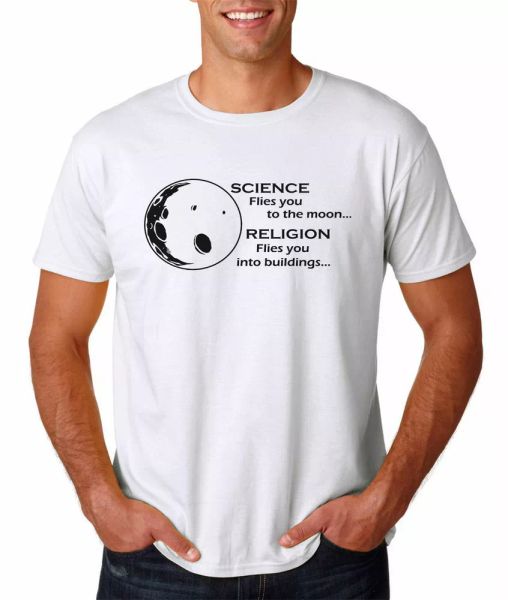

science flies you to the moon religion tee t shirt atheist agnostic all sizes, White;black