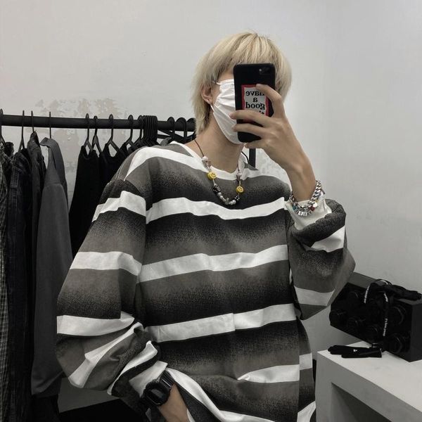 

men's t-shirts spring retro gradient black gray striped t-shirt oversize loose long-sleeved bottoming clothes hip-hop casual funny, White;black