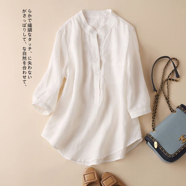 

100% linen shirts with cleavage in v will see female arts half sleeve loose all combined casual white blouse plus size m185