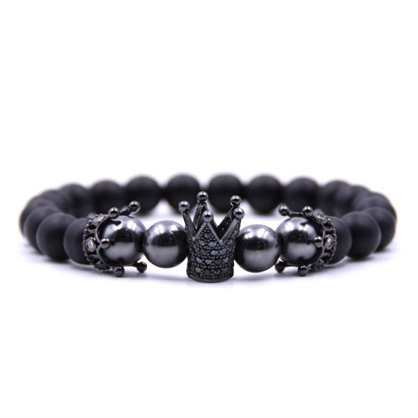 

kang hua 2021 trendy matte black stone pave cz4 colors crown charm bracelet for men&women jewelry hombres pulseira beaded, strands