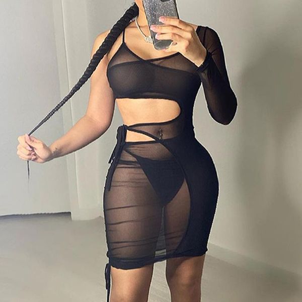 

casual dresses women sheer mesh mini dress ladies long sleeve solid color cut out bodycon black, Black;gray