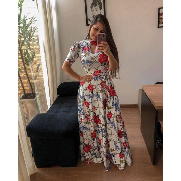 

2021vintage floral print short sleeve long dress summer casual slim women elegant belt bodycon party robe maxi vestidos plus size, Black;gray