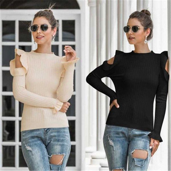 

women's t-shirt neck core spun yarn knitting tee fashion womens leaky shoulder ruffle tshirts designer female long sleeve loose casual, White