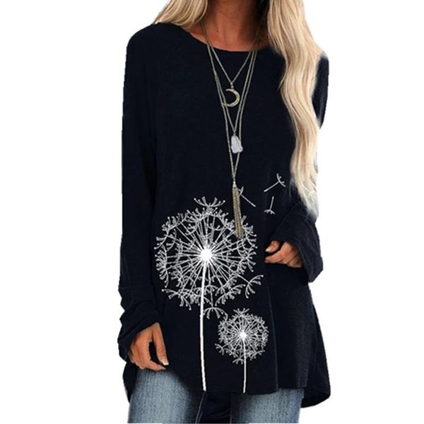 

women's t-shirt 5xl4xl dandelion print long sleeve round neck loose casual, White