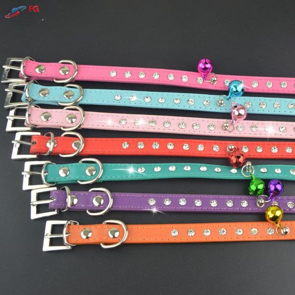 

(50 pieces/lot)wholesale pet product 2 sizes dog collar pu leather one row diamante cat puppy with bell collars & leashes