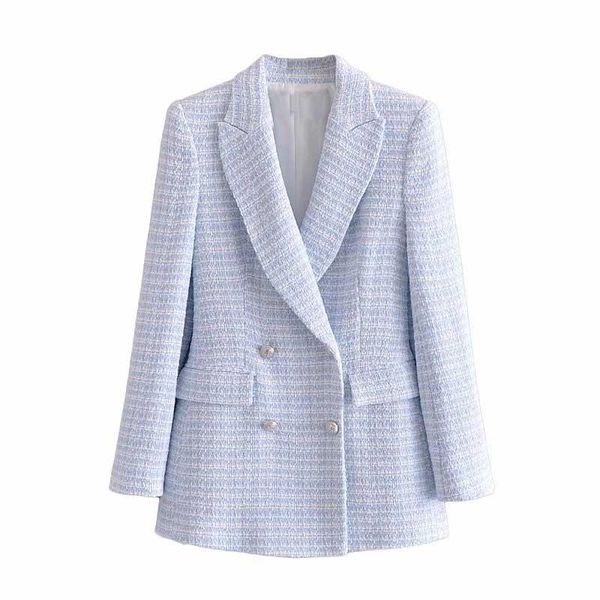 

women 2021 fashion double breasted tweed check blazer coat vintage long sleeve pockets female outerwear chic veste women's suits & blaz, White;black