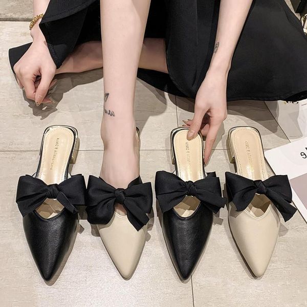 

shoes slippers casual slides low loafers butterfly-knot slipers women cover toe luxury summer flat 2021 pu basic fashion rubber, Black