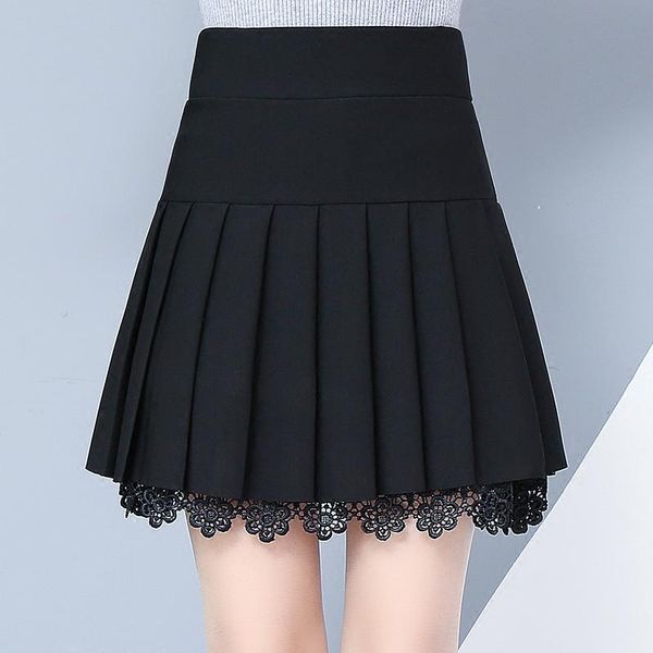 

skirts spring fall casual sweet ladies women stretchy high waisted black pleated skirt , lace mini for woman clothes