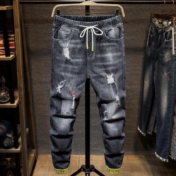 

men's jeans men fashions ripped fit denim hip hop mens harem jean plus size 7xl 44 48 ankle length cotton trousers cowboy pants, Blue