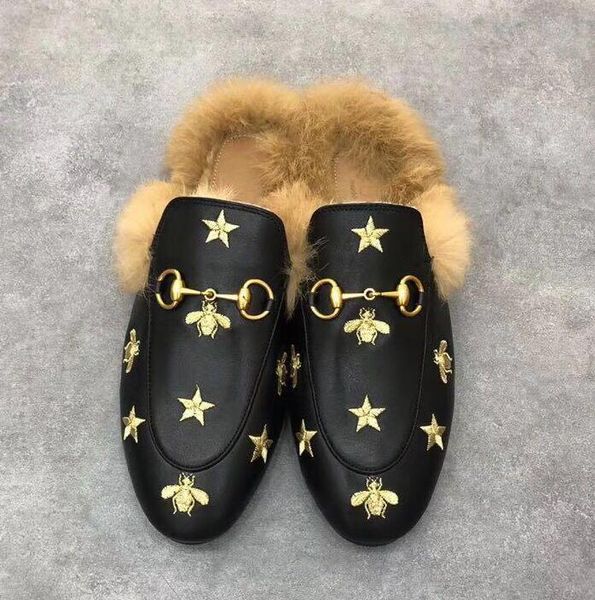 

2021 classic fashion women genuine leather flat mules shoes men slippers leather fur slippers metal chain shoes loafers outdoor slipper, Black