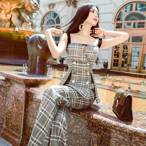 

women's two piece pants 2021 summer women pieces plaid set sleeveless suspenders split +long flare pant trousers lady 2 suits, White