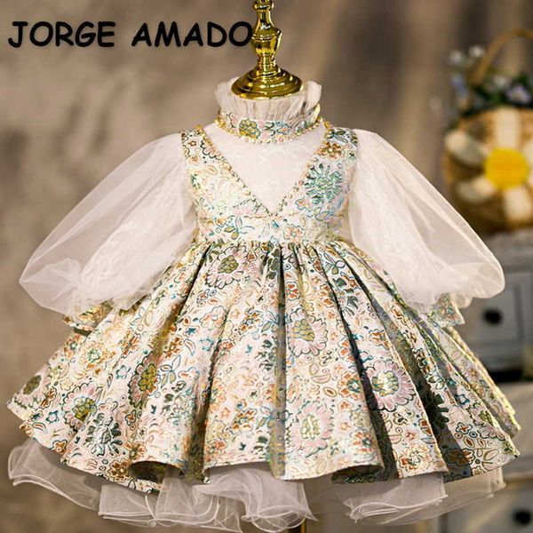 

spring girls dress long sleeve floral embroidery lolita style party 1st birthday dresses for weddings e047 210610, Red;yellow