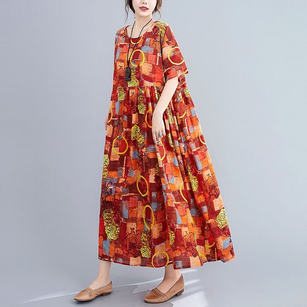 

johnature summer leisure fashion retro print o-neck pockets short sleeve plus size dress loose comfortable women dress 210521, Black;gray