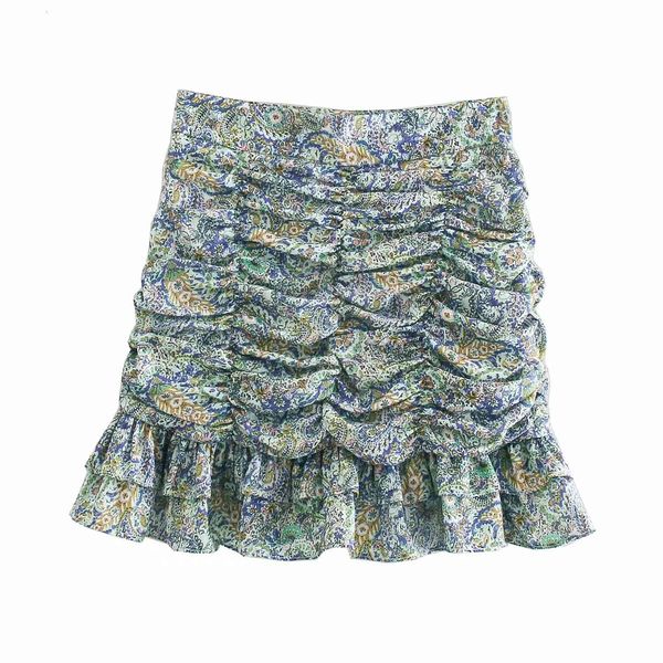 

suits 2021 women printed draped high-waisted mini skirt ruffled hem zip closure casual chic lady woman skirts, Black