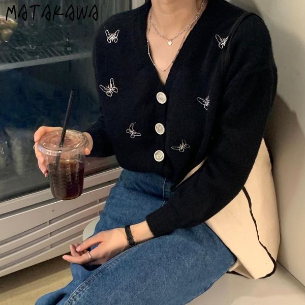 

matakawa versatile breasted embroidered women sweaters autumn v-neck loose long-sleeved regular knitted cardigan coat 210513, White;black