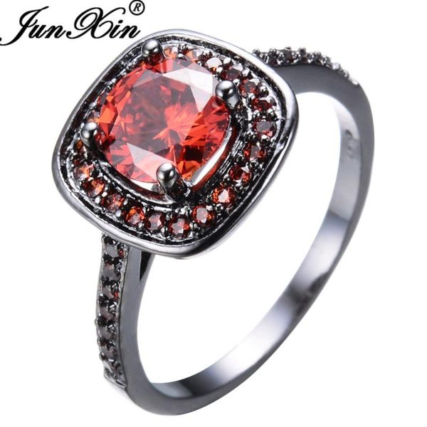 

wedding rings junxin women men red zircon stone ring black gold filled party engagement promise friend gift anillos, Slivery;golden