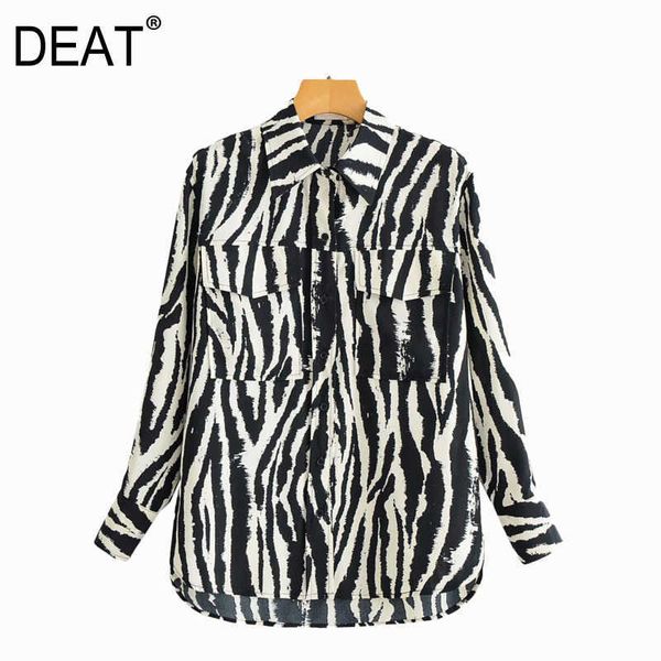 

[deat] spring fashion turn-down collar zebra pattern single-breasted long sleeve loose shirt women 13c247 210527, White