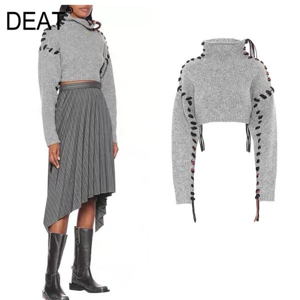 

[deat] half high collar caual loose personality short solid knitted lace up loose sweater for women spring 7b0327 210430, White;black