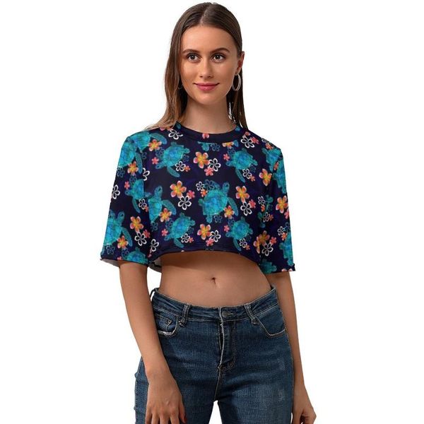 

women's t-shirt turtle crop tee shirt print lady t o neck funny short-sleeve casual polyester tshirt, White