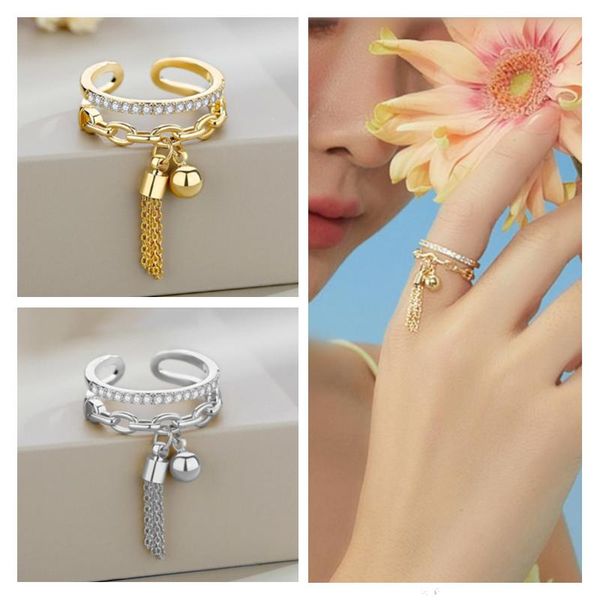 

cluster rings shining crystal ball gold tassel for women jewelry trendy silver plated double layer finger accessories bright, Golden;silver