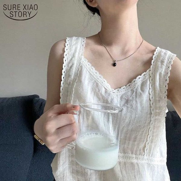 

vintage women's and blouse lace flower stitching sling summer sleeveless vest women v-neck female blusas mujer 14601 210527, White