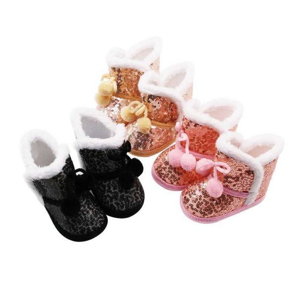 Теплый зимний ребенок мальчик девушка блестки снежные ботинки с плюшевым мячом младенческие противоскользящие малыши туфли новорожденного хлопка обувь G1023