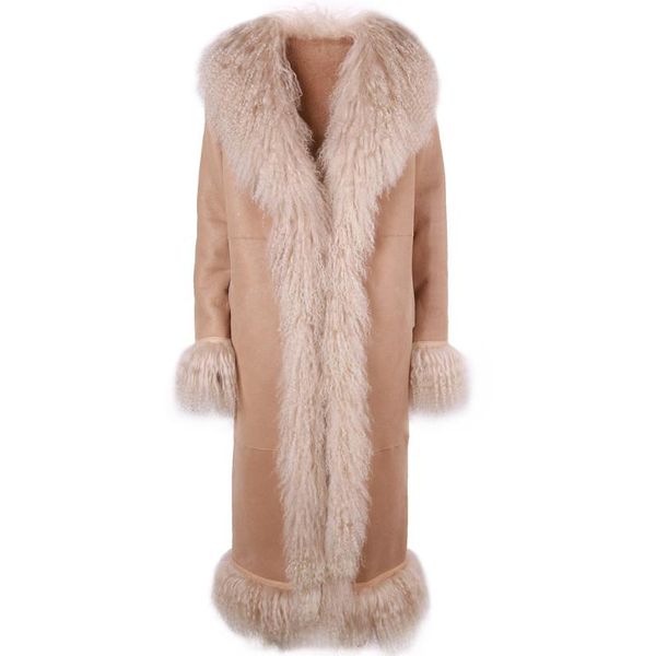 

women's leather & faux yoloagain winter warm women mongolia sheep fur collar long shearling coat suede for ladies, Black