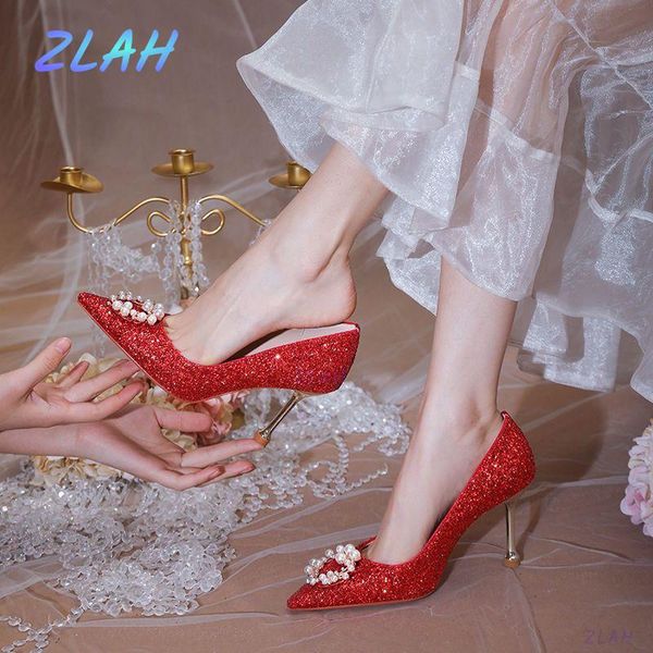 

dress shoes elegant sequined cloth pointed high heels zlah women's stiletto all-match women pumps, Black